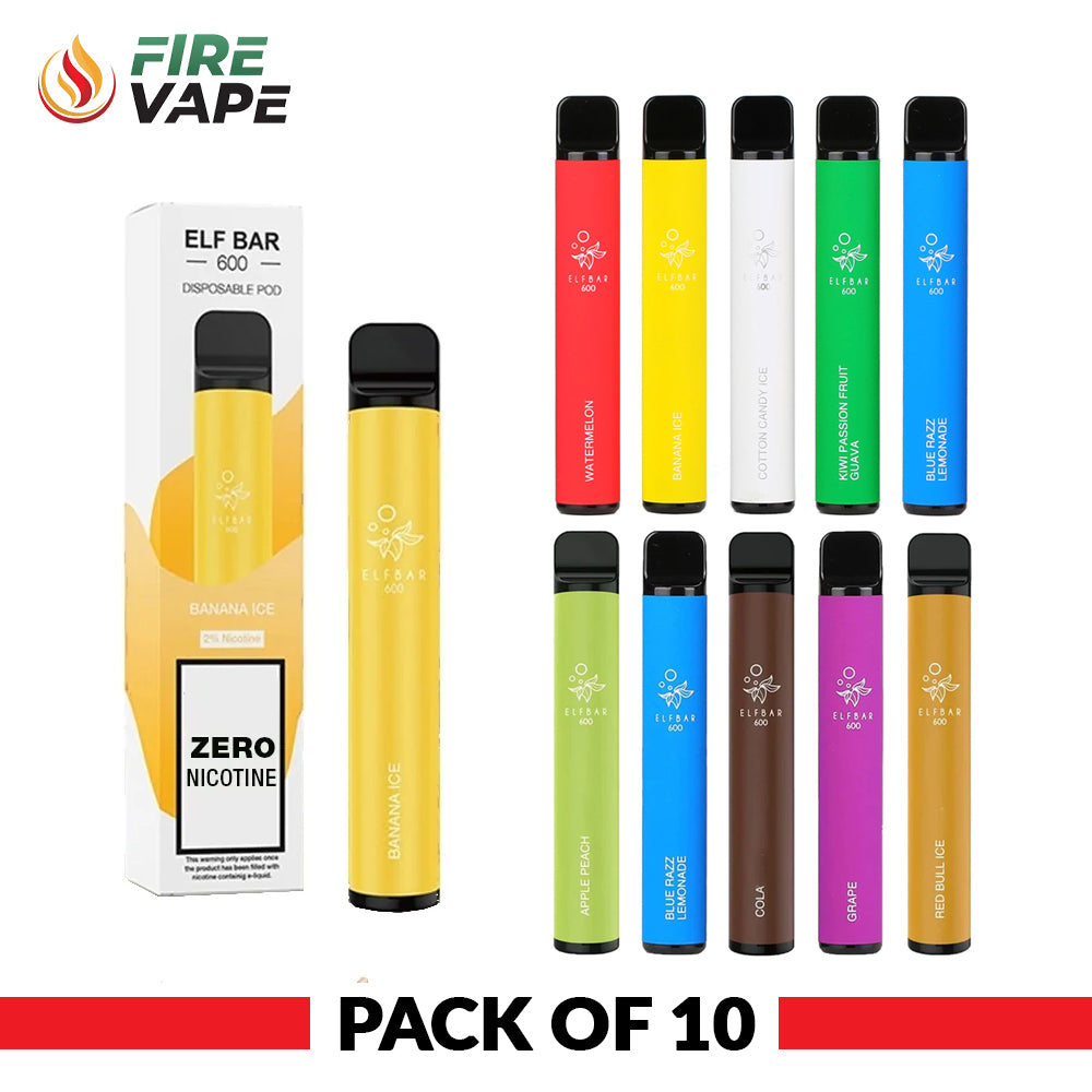 Elf Bar 600 Puffs Disposable Vape - 0% Nicotine (Pack of 10)